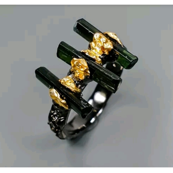 Triple green tourmaline & sterling & gold ring sz 7.5 - Picture 10 of 13